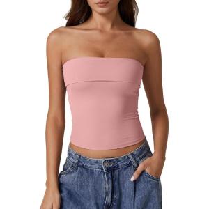 QINSEN Women’s Tube Tops Strapless Bandeau Tops Double Lined Slim Fit Summer Going Out Tank Tops(Pink)