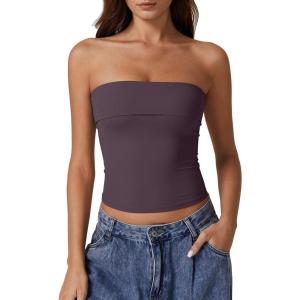 QINSEN Women’s Tube Tops Strapless Bandeau Tops Double Lined Slim Fit Summer Going Out Tank Tops(Prune Purple)
