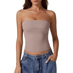 QINSEN Women’s Tube Tops Strapless Bandeau Tops Double Lined Slim Fit Summer Going Out Tank Tops(Rose Taupe)