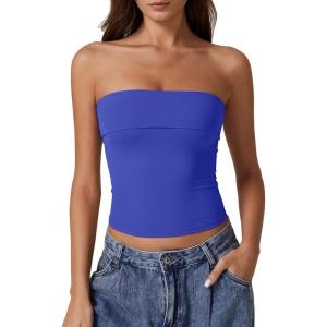QINSEN Women’s Tube Tops Strapless Bandeau Tops Double Lined Slim Fit Summer Going Out Tank Tops(Sapphire Blue)