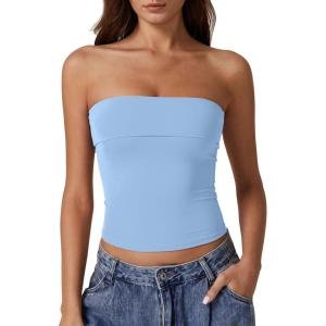 QINSEN Women’s Tube Tops Strapless Bandeau Tops Double Lined Slim Fit Summer Going Out Tank Tops(Sky Blue)