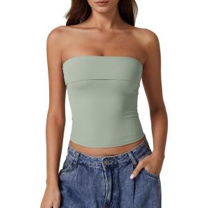 QINSEN Women’s Tube Tops Strapless Bandeau Tops Double Lined Slim Fit Summer Going Out Tank Tops(Smoke Green)