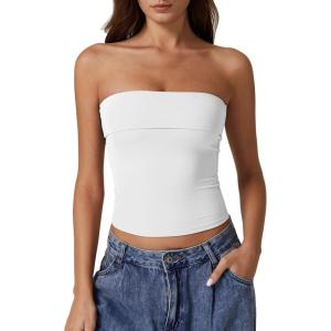 QINSEN Women’s Tube Tops Strapless Bandeau Tops Double Lined Slim Fit Summer Going Out Tank Tops(White)