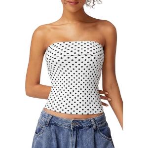 QINSEN Women’s Tube Tops Strapless Bandeau Tops Double Lined Slim Fit Summer Going Out Tank Tops(White Polka Dots)