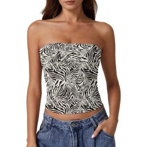 QINSEN Women’s Tube Tops Strapless Bandeau Tops Double Lined Slim Fit Summer Going Out Tank Tops(Zebra)
