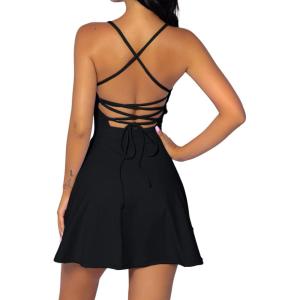 QINSEN Womens Two Pieces Tennis Dress with Shorts Workout Open Back Active Golf Dresses(Black)