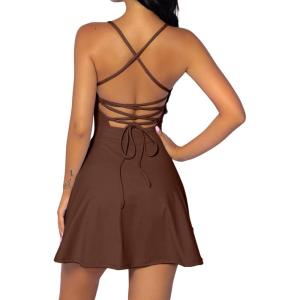 QINSEN Womens Two Pieces Tennis Dress with Shorts Workout Open Back Active Golf Dresses(Brown)