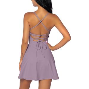 QINSEN Womens Two Pieces Tennis Dress with Shorts Workout Open Back Active Golf Dresses(Dark Purple)