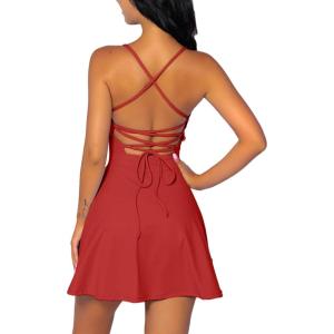 QINSEN Womens Two Pieces Tennis Dress with Shorts Workout Open Back Active Golf Dresses(Red)