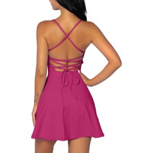 QINSEN Womens Two Pieces Tennis Dress with Shorts Workout Open Back Active Golf Dresses(Rosy Red)
