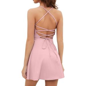 QINSEN Womens Two Pieces Tennis Dress with Shorts Workout Open Back Active Golf Dresses(Royal Pink)