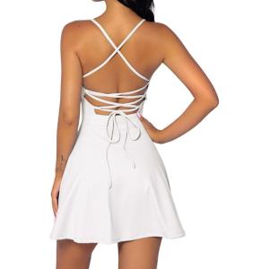 QINSEN Womens Two Pieces Tennis Dress with Shorts Workout Open Back Active Golf Dresses(White)
