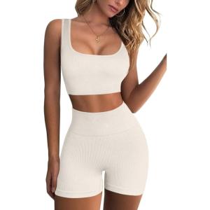 QINSEN Workout Sets for Women 2 Piece Seamless Ribbed Crop Tank High Waist Shorts Yoga Outfits(Beige)