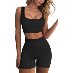 QINSEN Workout Sets for Women 2 Piece Seamless Ribbed Crop Tank High Waist Shorts Yoga Outfits(Black)