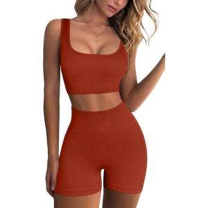 QINSEN Workout Sets for Women 2 Piece Seamless Ribbed Crop Tank High Waist Shorts Yoga Outfits(Brick Red)