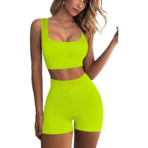 QINSEN Workout Sets for Women 2 Piece Seamless Ribbed Crop Tank High Waist Shorts Yoga Outfits(Bright Green)