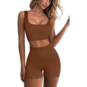 QINSEN Workout Sets for Women 2 Piece Seamless Ribbed Crop Tank High Waist Shorts Yoga Outfits(Brown)