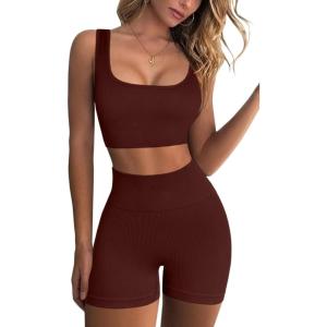 QINSEN Workout Sets for Women 2 Piece Seamless Ribbed Crop Tank High Waist Shorts Yoga Outfits(Coffee)