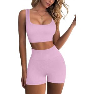QINSEN Workout Sets for Women 2 Piece Seamless Ribbed Crop Tank High Waist Shorts Yoga Outfits(Dusty Pink)