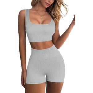 QINSEN Workout Sets for Women 2 Piece Seamless Ribbed Crop Tank High Waist Shorts Yoga Outfits(Light Grey)