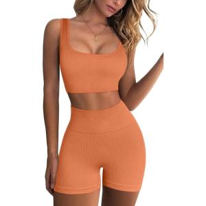 QINSEN Workout Sets for Women 2 Piece Seamless Ribbed Crop Tank High Waist Shorts Yoga Outfits(Light Orange)