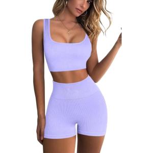 QINSEN Workout Sets for Women 2 Piece Seamless Ribbed Crop Tank High Waist Shorts Yoga Outfits(Light Purple)