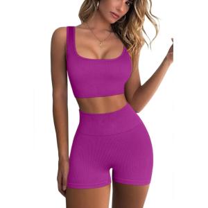 QINSEN Workout Sets for Women 2 Piece Seamless Ribbed Crop Tank High Waist Shorts Yoga Outfits(Raspberry Sherbet)