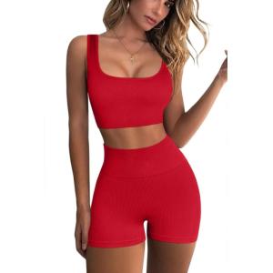 QINSEN Workout Sets for Women 2 Piece Seamless Ribbed Crop Tank High Waist Shorts Yoga Outfits(Red)