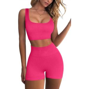 QINSEN Workout Sets for Women 2 Piece Seamless Ribbed Crop Tank High Waist Shorts Yoga Outfits(Rosy)
