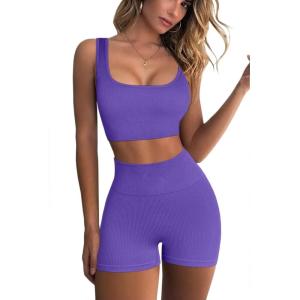 QINSEN Workout Sets for Women 2 Piece Seamless Ribbed Crop Tank High Waist Shorts Yoga Outfits(Violet Quartz)