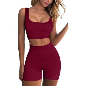 QINSEN Workout Sets for Women 2 Piece Seamless Ribbed Crop Tank High Waist Shorts Yoga Outfits(Wine)