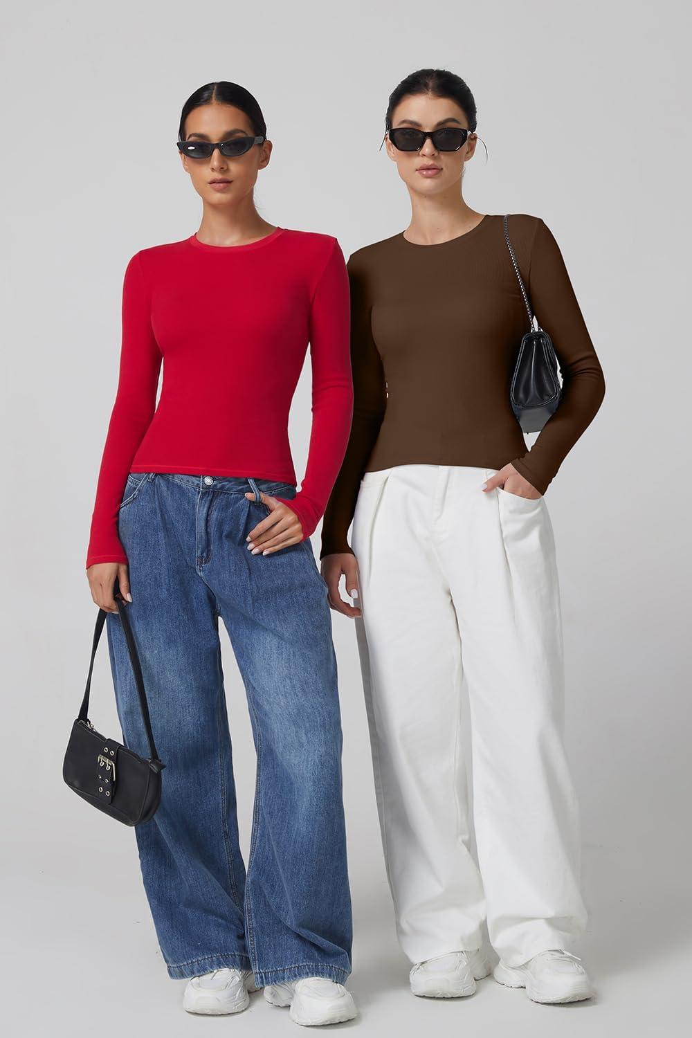 imageQINSEN Long Sleeve Shirts for Women Crewneck Rib Knit Slim Fit Going Out Tops Casual Basic TeeChestnut