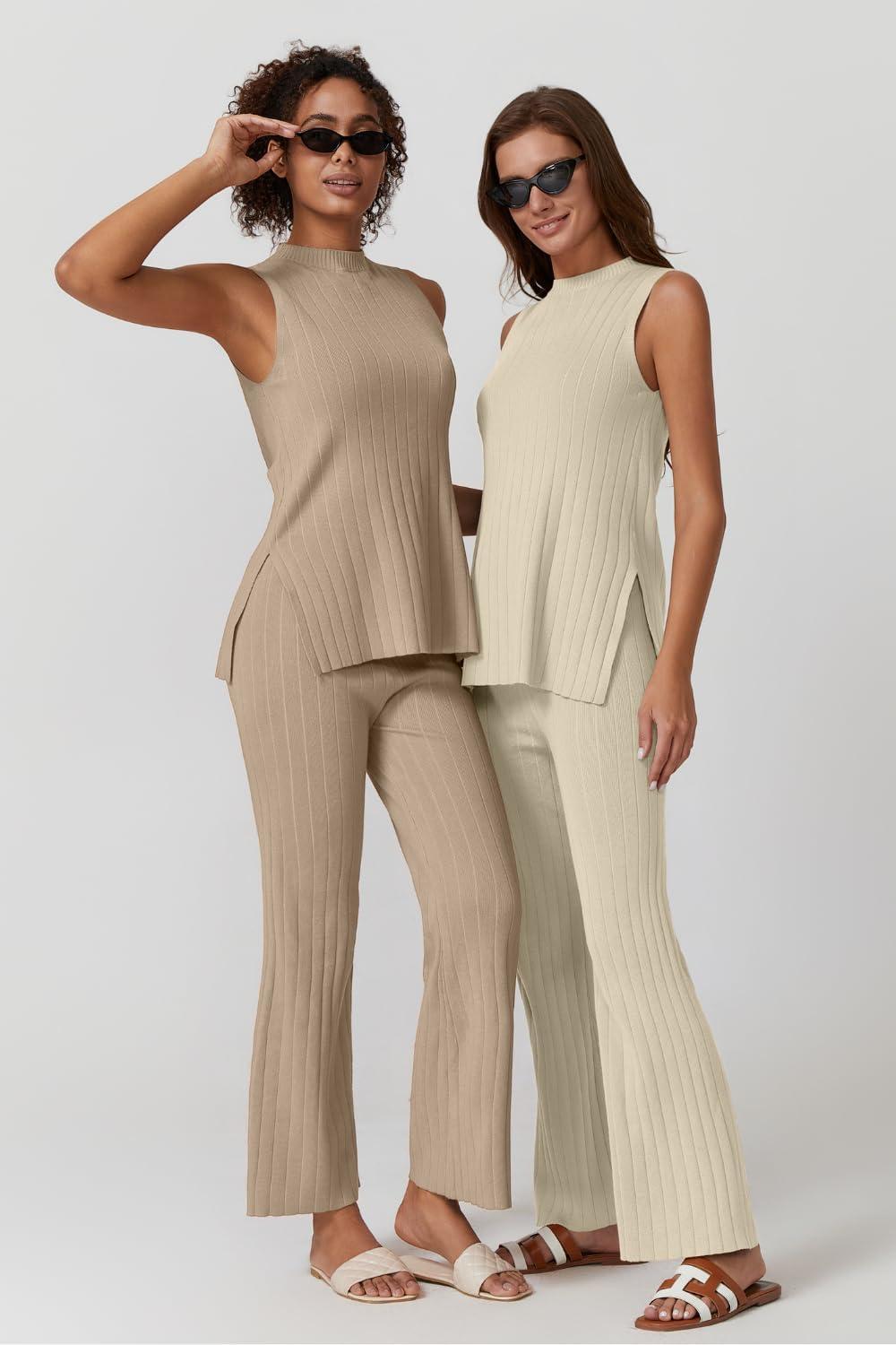 imageQINSEN Lounge Sets for Women Two Piece Outfits Knit Sleeveless Vented Hemline Tops Wide Leg Pants Sweater SetsBeige