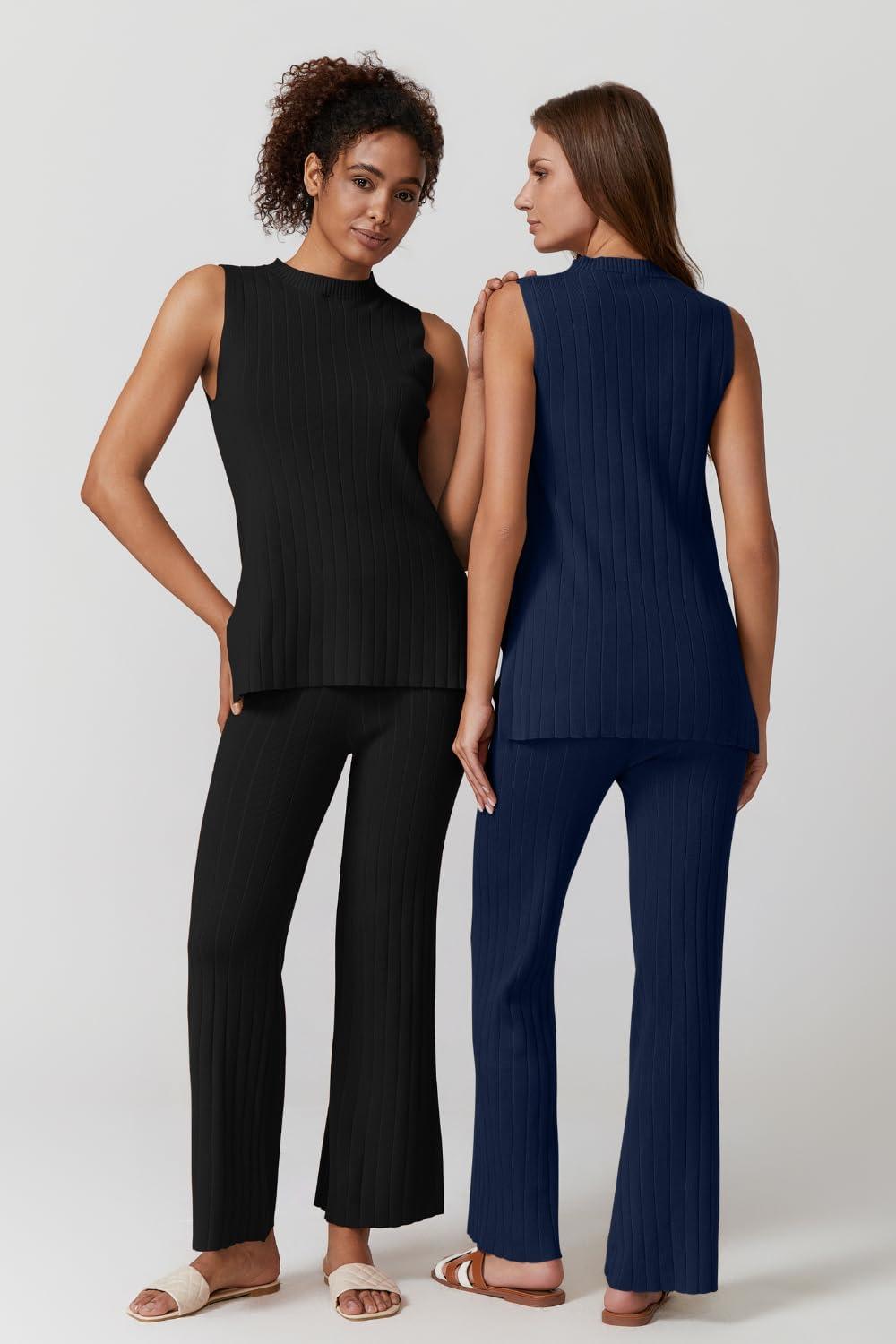 imageQINSEN Lounge Sets for Women Two Piece Outfits Knit Sleeveless Vented Hemline Tops Wide Leg Pants Sweater SetsBlack