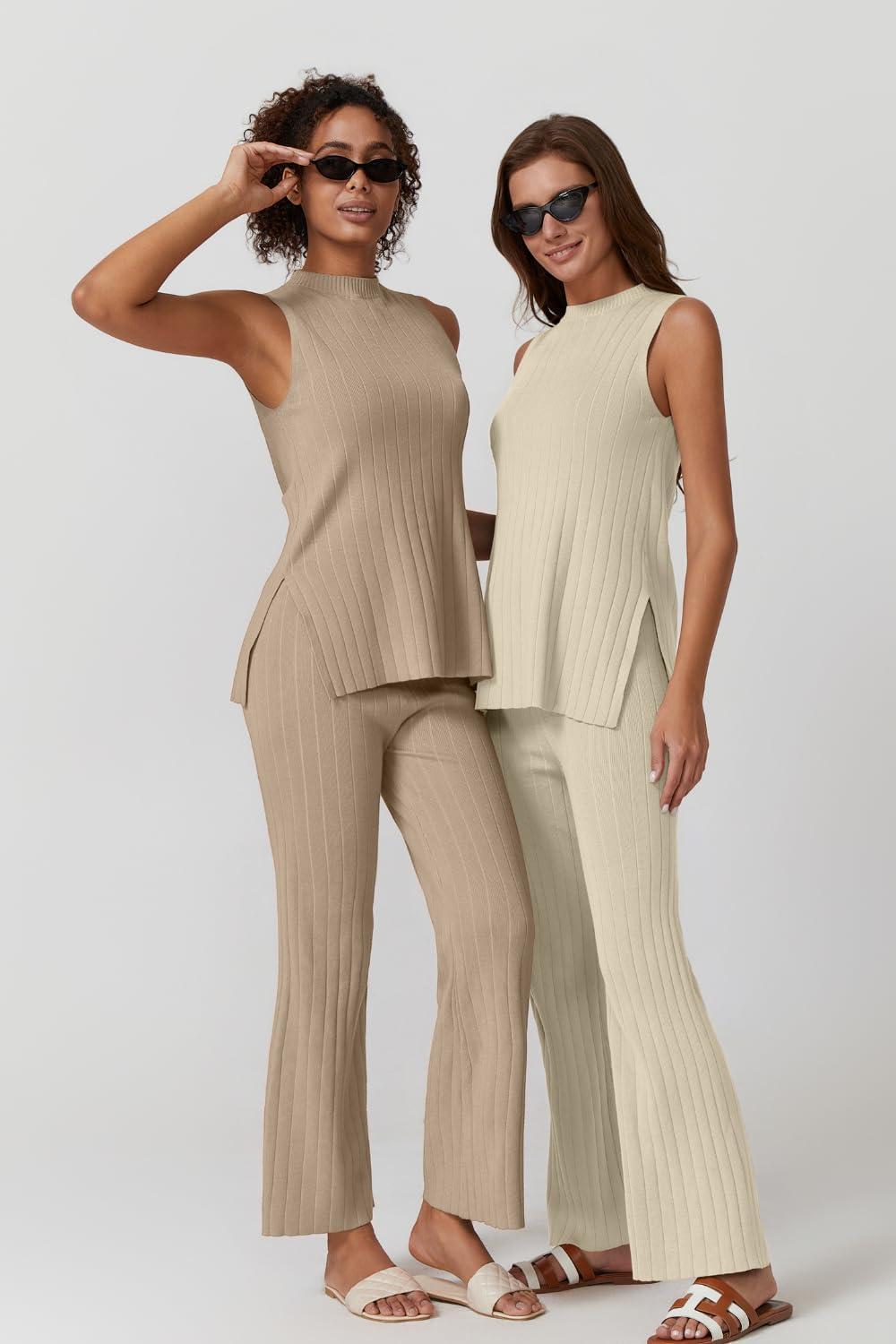 imageQINSEN Lounge Sets for Women Two Piece Outfits Knit Sleeveless Vented Hemline Tops Wide Leg Pants Sweater SetsKhaki