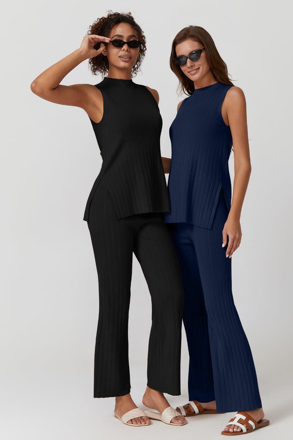 imageQINSEN Lounge Sets for Women Two Piece Outfits Knit Sleeveless Vented Hemline Tops Wide Leg Pants Sweater SetsNavy Blue