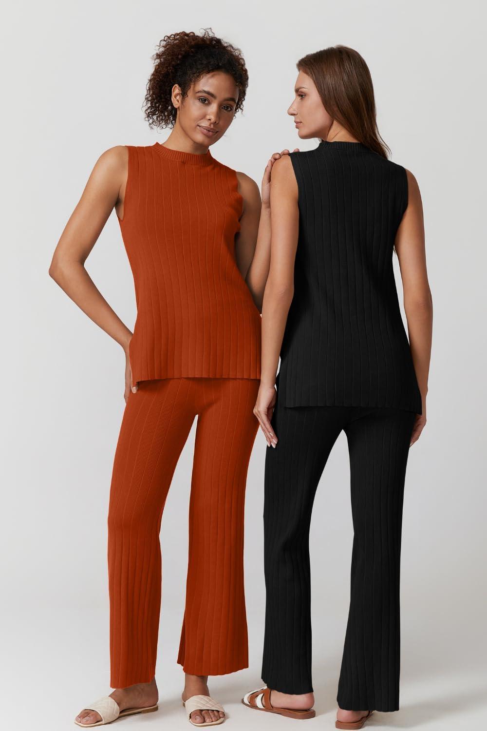 imageQINSEN Lounge Sets for Women Two Piece Outfits Knit Sleeveless Vented Hemline Tops Wide Leg Pants Sweater SetsRooibos Tea