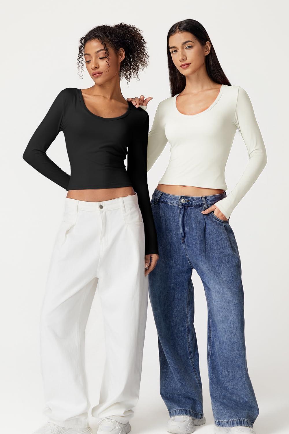 imageQINSEN Women Double Lined Fitted Basic T Shirts V Neck Long Sleeve Crop TopBlack