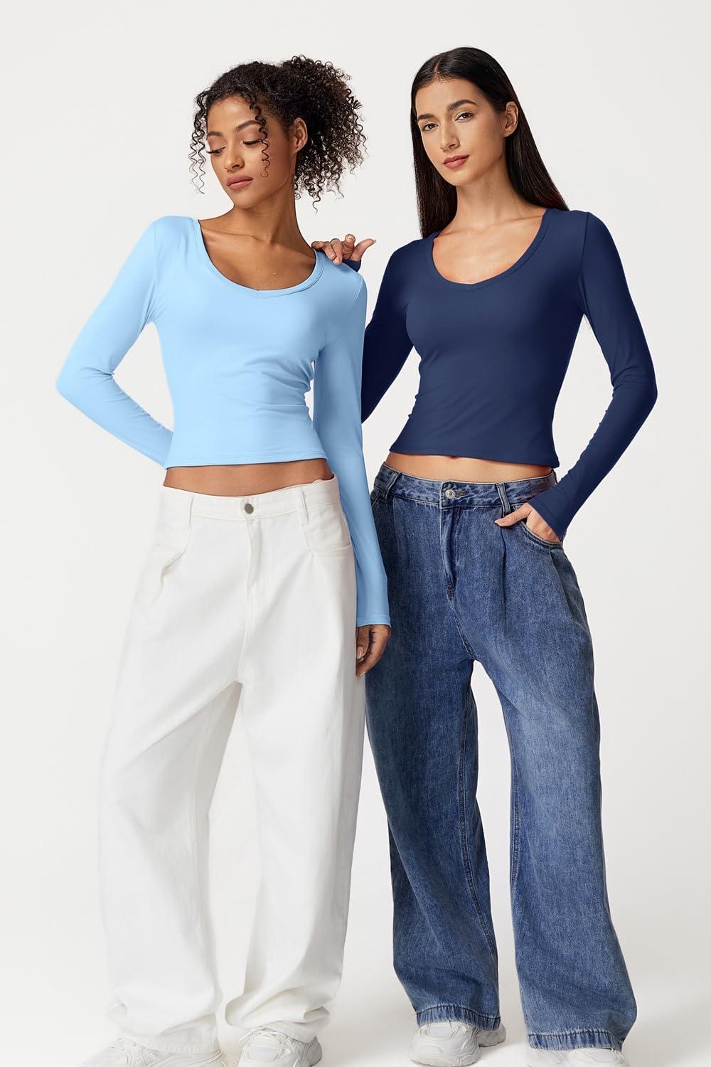 imageQINSEN Women Double Lined Fitted Basic T Shirts V Neck Long Sleeve Crop TopLight Blue