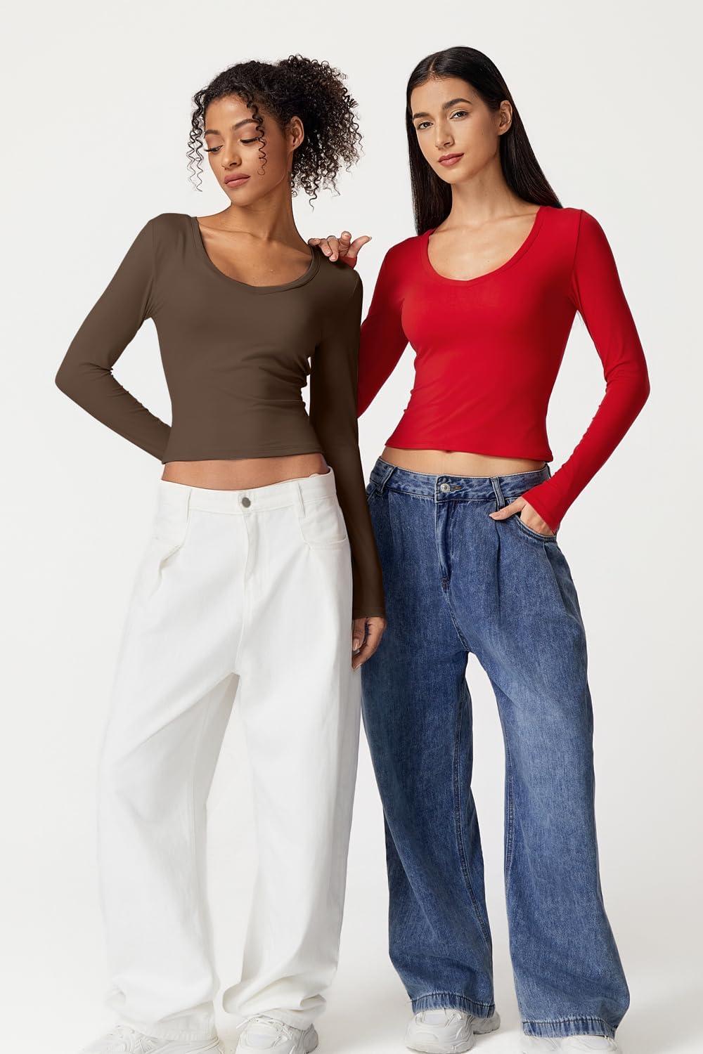 imageQINSEN Women Double Lined Fitted Basic T Shirts V Neck Long Sleeve Crop TopRed