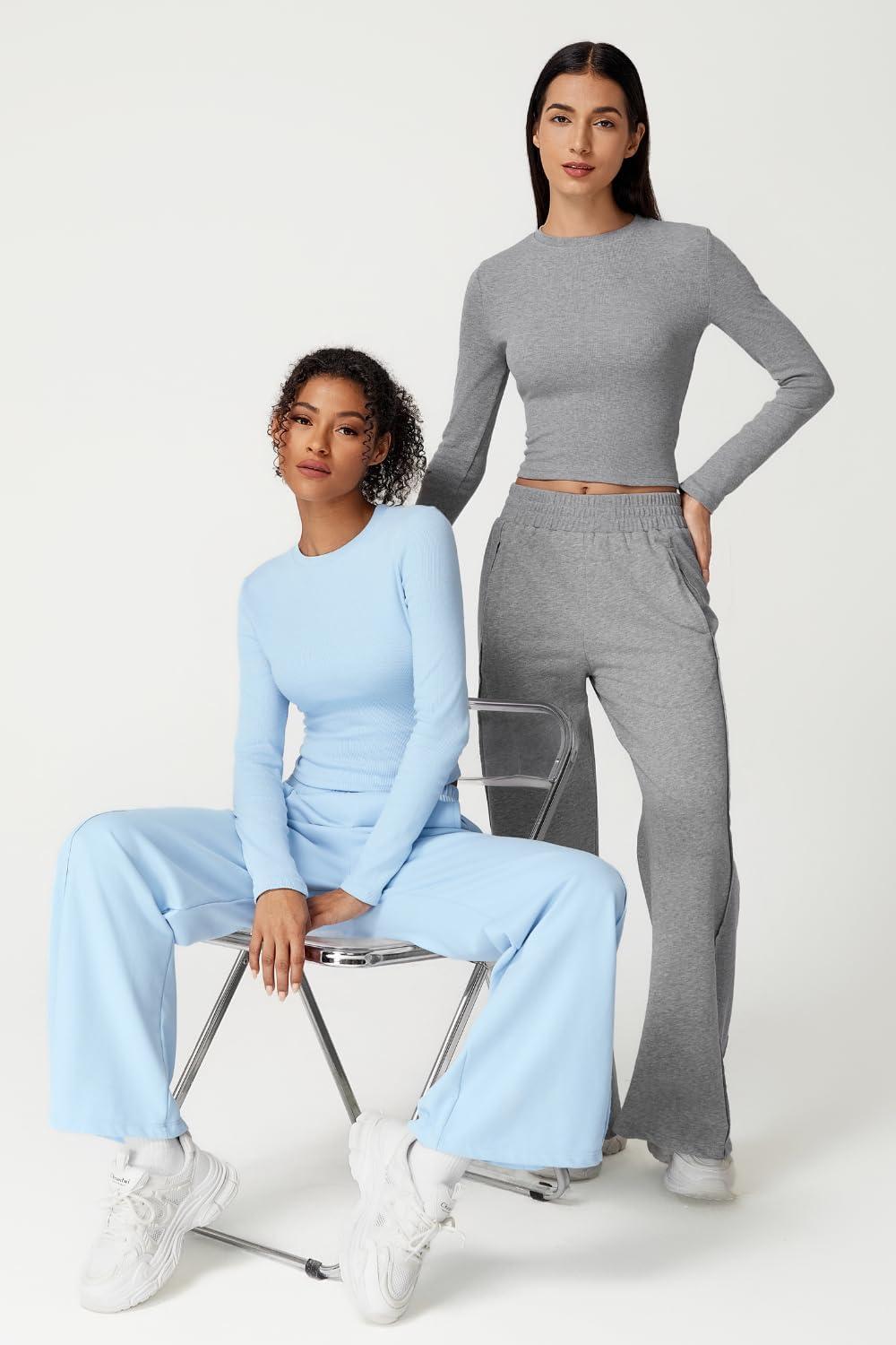 imageQINSEN Womens 2 Piece Sets Long Sleeve Slim Fit Crop Tops Wide Leg Pants Matching Lounge SetLight Blue