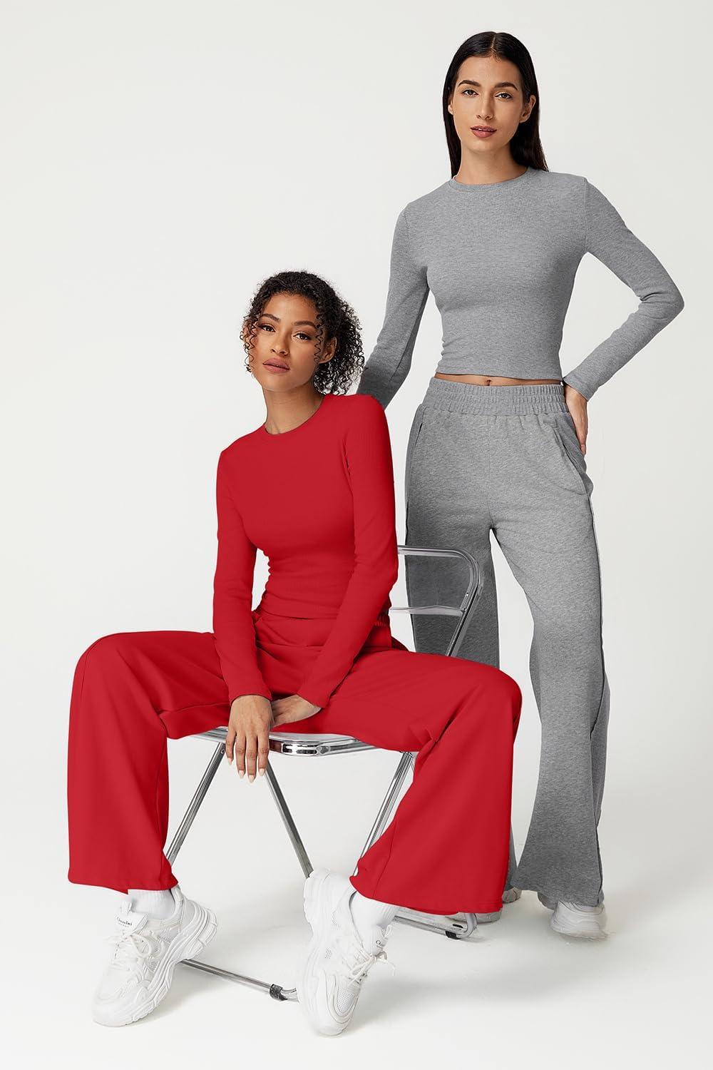 imageQINSEN Womens 2 Piece Sets Long Sleeve Slim Fit Crop Tops Wide Leg Pants Matching Lounge SetRed