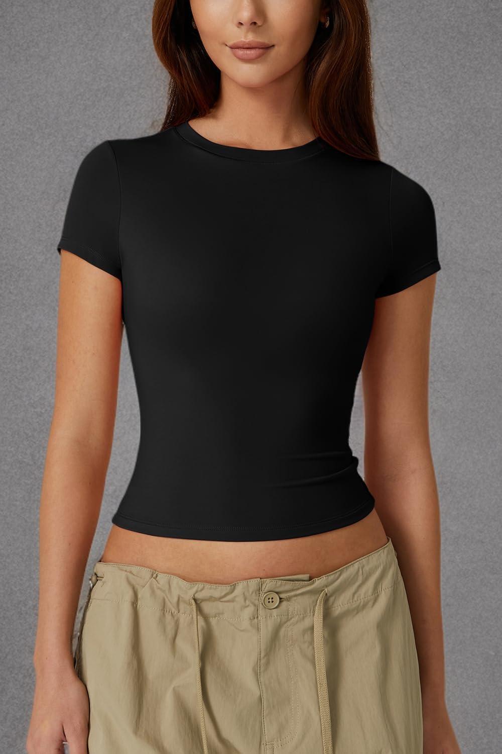 imageQINSEN Womens Crew Neck Short Sleeve DoubleLayer Tops Basic Slim Fit Going Out T ShirtBlack