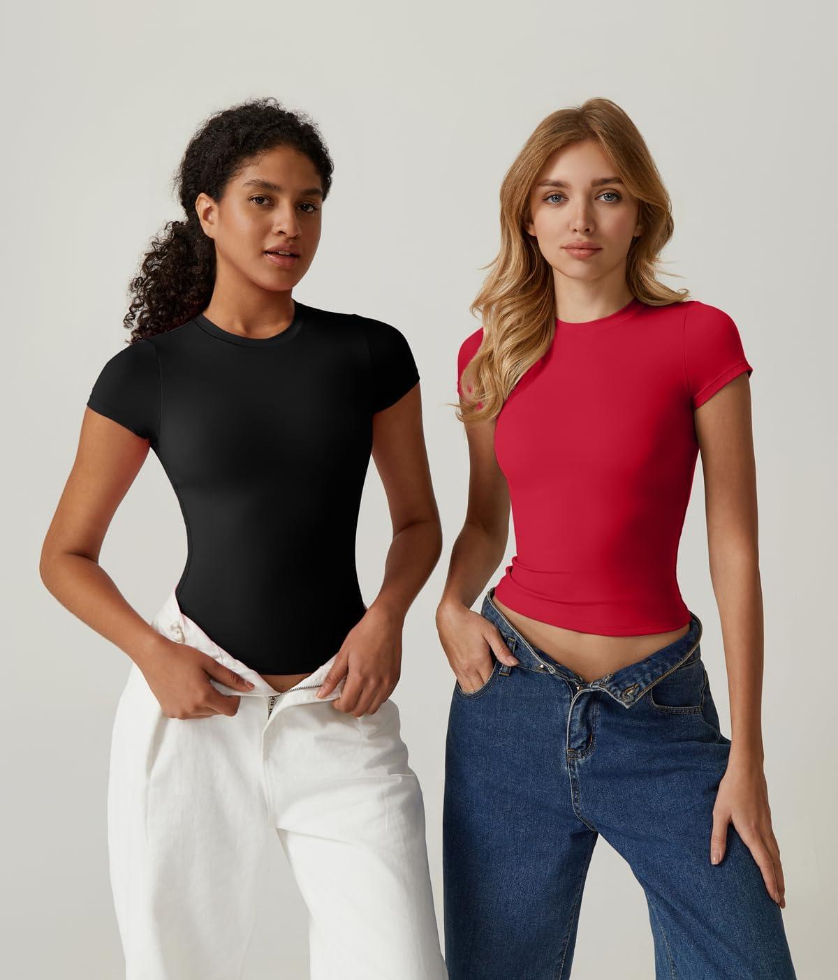 imageQINSEN Womens Crew Neck Short Sleeve DoubleLayer Tops Basic Slim Fit Going Out T ShirtBlack