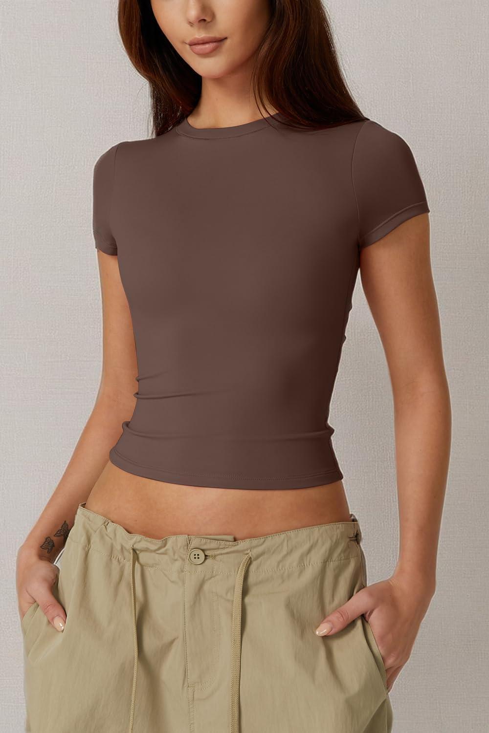 imageQINSEN Womens Crew Neck Short Sleeve DoubleLayer Tops Basic Slim Fit Going Out T ShirtBrown