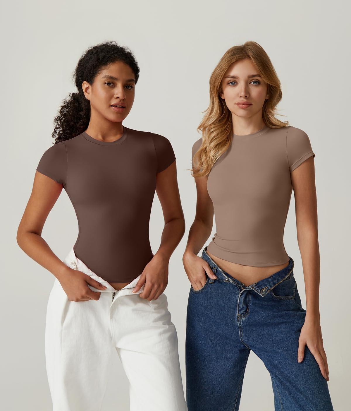 imageQINSEN Womens Crew Neck Short Sleeve DoubleLayer Tops Basic Slim Fit Going Out T ShirtBrown