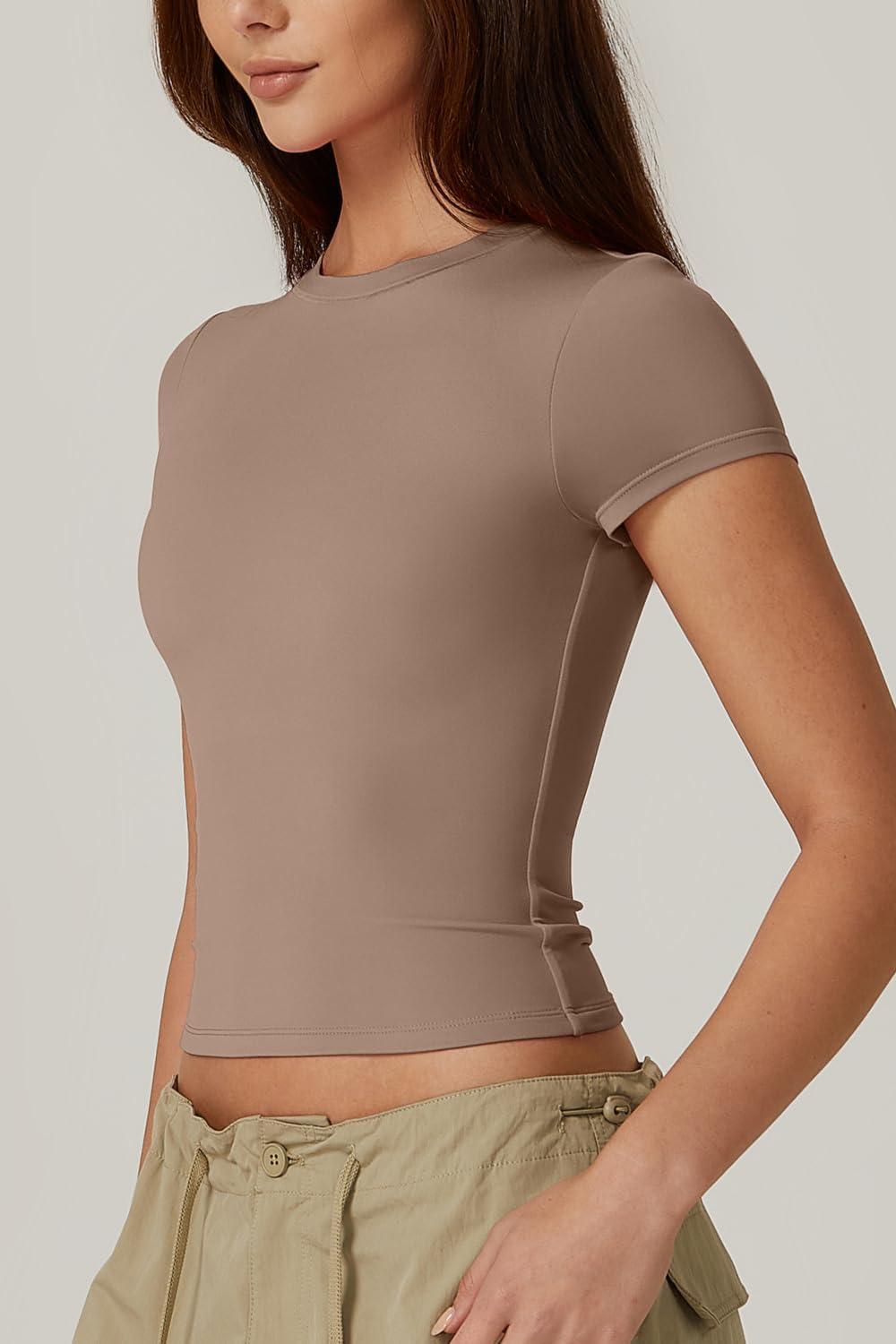 imageQINSEN Womens Crew Neck Short Sleeve DoubleLayer Tops Basic Slim Fit Going Out T ShirtCoffee