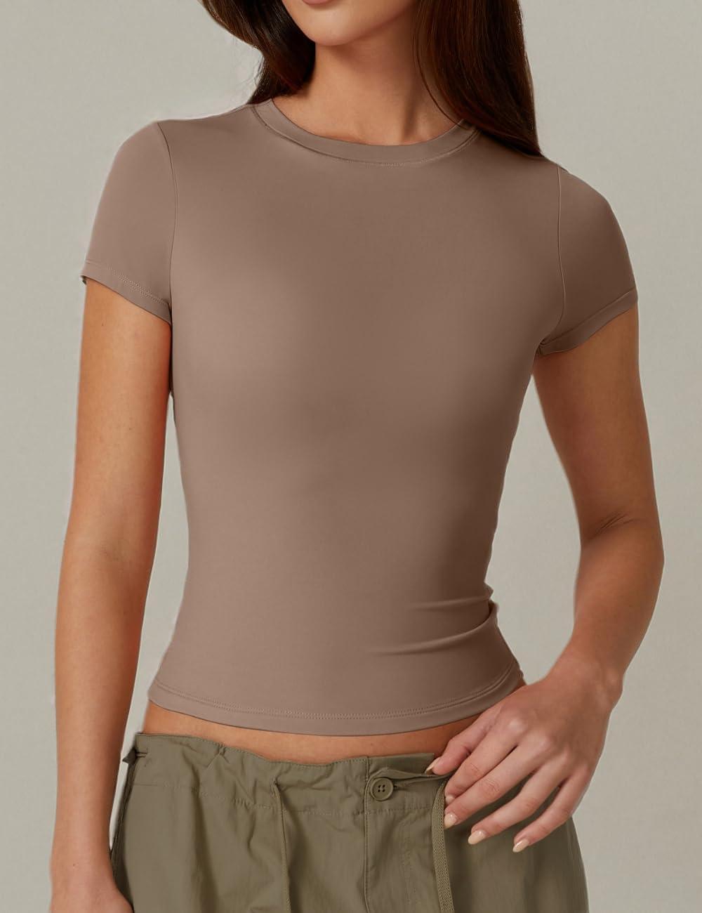 imageQINSEN Womens Crew Neck Short Sleeve DoubleLayer Tops Basic Slim Fit Going Out T ShirtCoffee