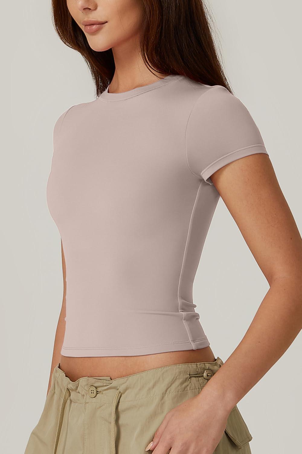 imageQINSEN Womens Crew Neck Short Sleeve DoubleLayer Tops Basic Slim Fit Going Out T ShirtCrystal Gray