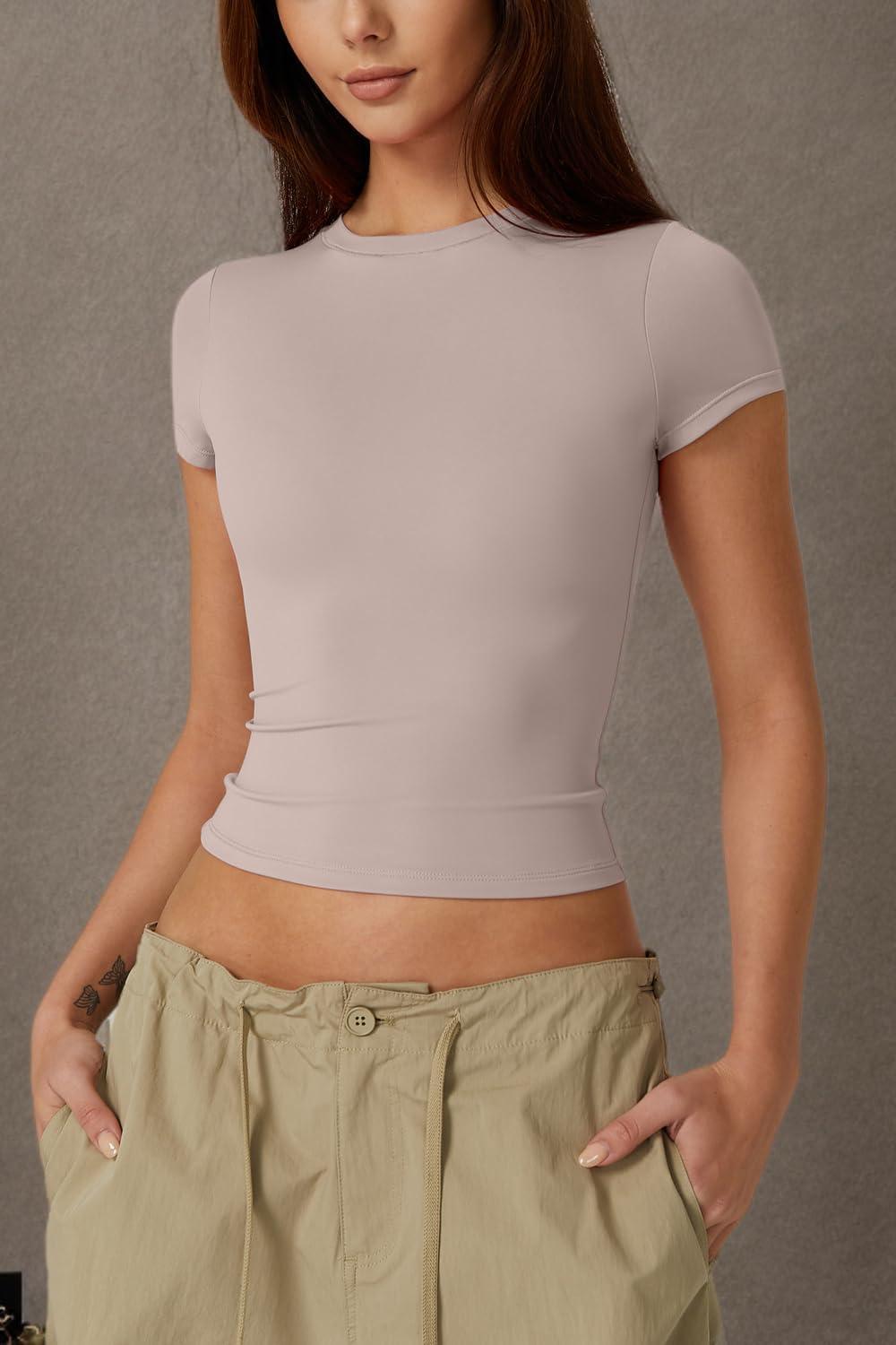 imageQINSEN Womens Crew Neck Short Sleeve DoubleLayer Tops Basic Slim Fit Going Out T ShirtCrystal Gray